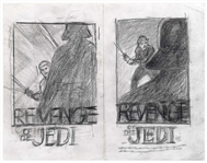 Return of the Jedi Concept Movie Poster Art by Tom Jung -- Two Versions Depicting Luke Skywalker & Darth Vader Using the Original Title, Revenge of the Jedi